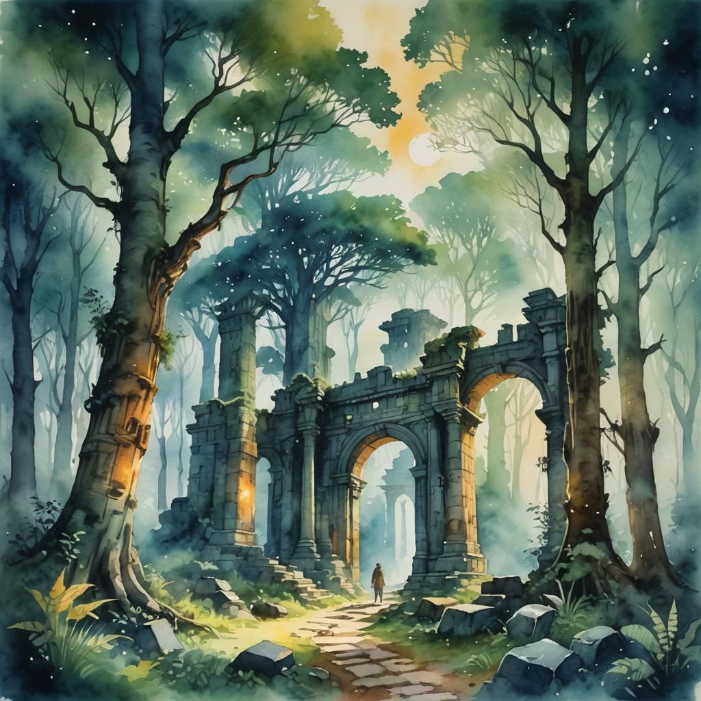 Mystical Forest Encounter: Watercolor Spirits and Ruins