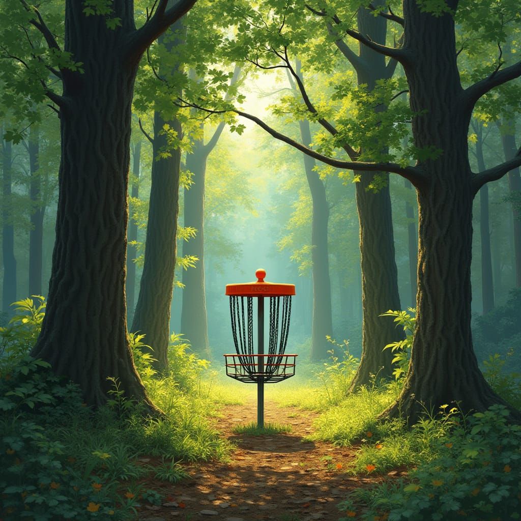 Disc Golf Basket in a Tranquil Forest Glade