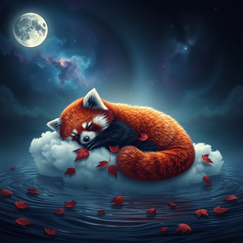 A red panda made of red and white leaves, sleeping on a cloud on cosmic water. Night magic.