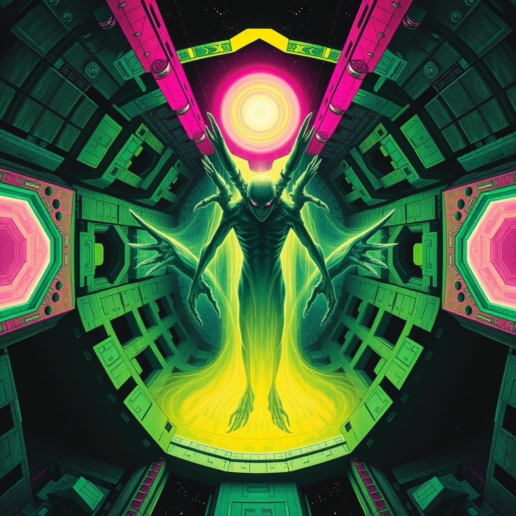 Dark-God Entity in Biomechanic Spaceship, Art Deco Elements