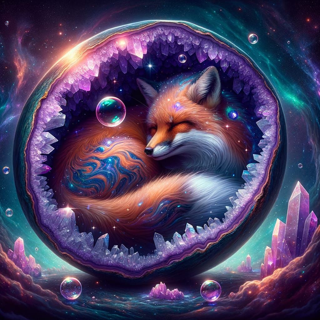 Celestial Fox Sleeping in Crystal Geode, Cosmic Fantasy Art