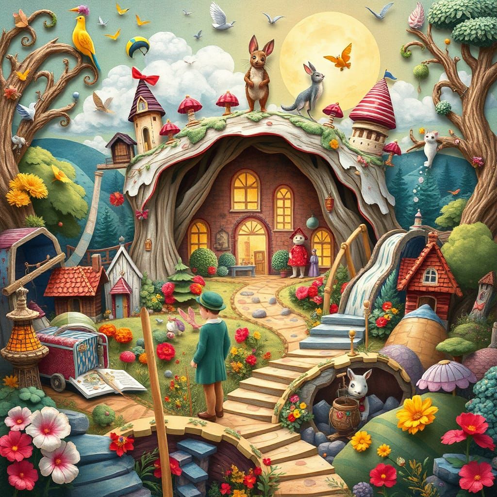 Whimsical Pop-Up Book Illustration of a Fantasy World