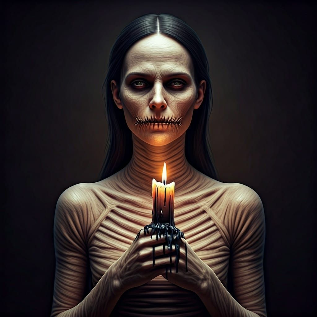 Ritualistic Horror Portrait of a Silent Figure with Candle