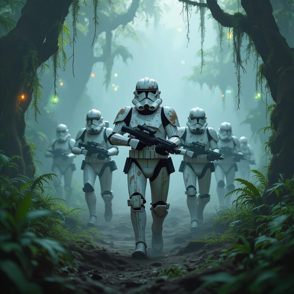 Clone Troopers Advance Through Misty Alien Jungle