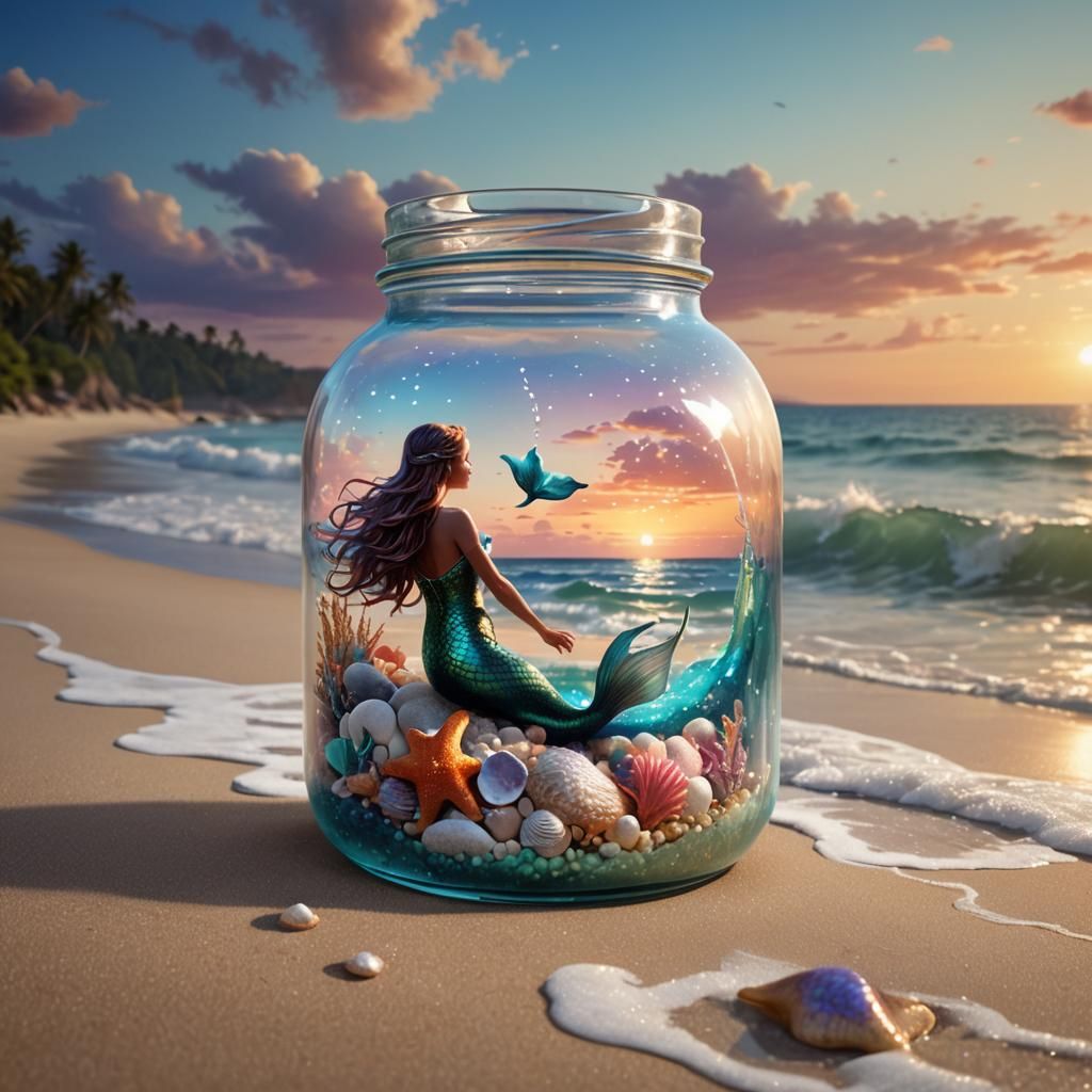 Mermaid in a Jar: Hyperrealistic Beach Scene