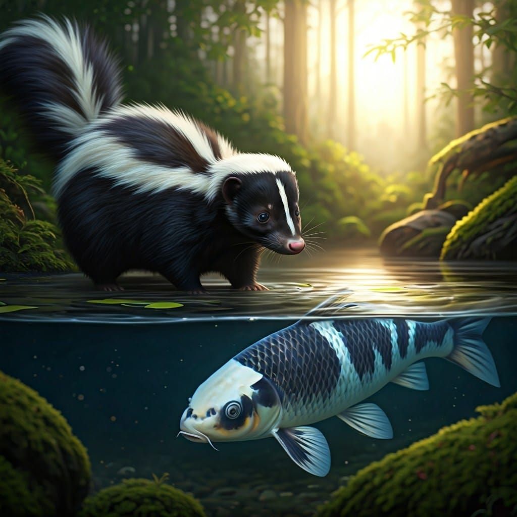 Skunk and Koi Gaze at Forest Pond