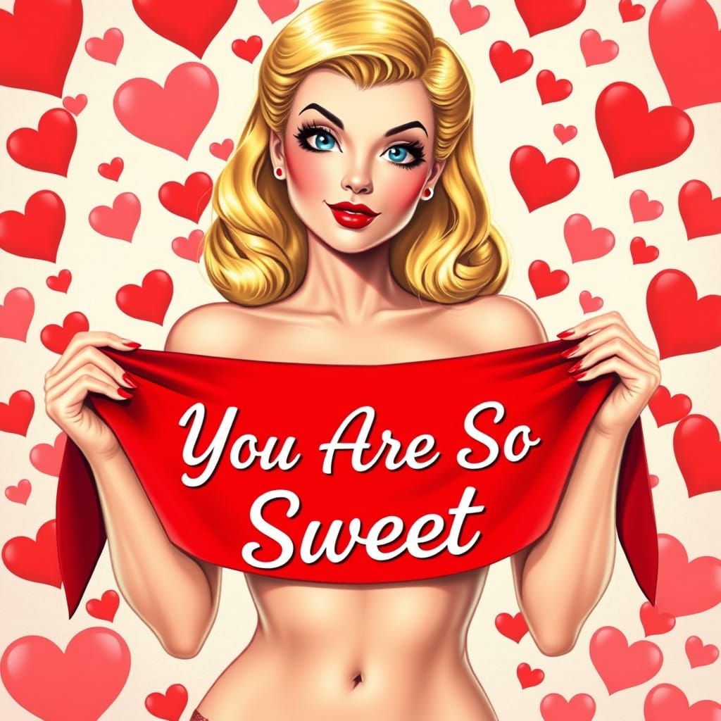 Sultry 50s Pin-Up Girl Covers Herself with Red Hearts