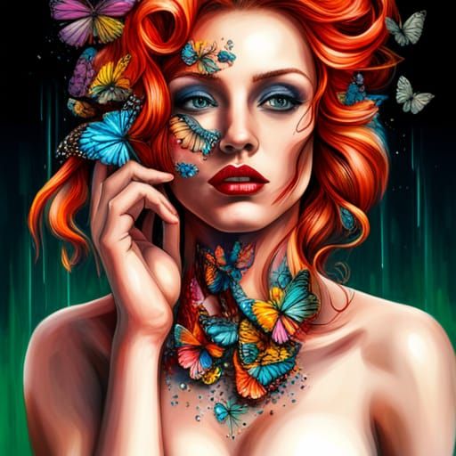 Hiperdetailed Red-Haired Girl with Butterflies and Jewels