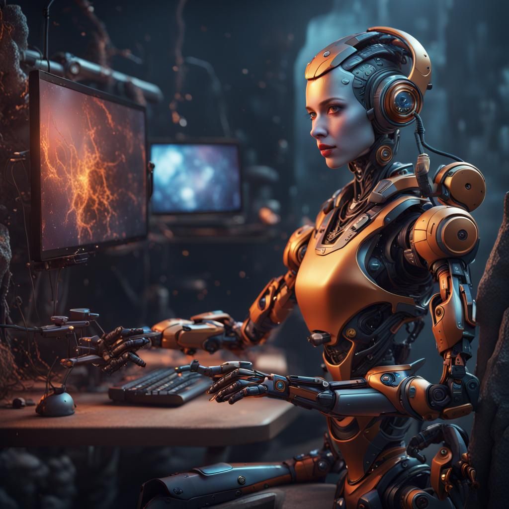 Detailed Female Robot Podcaster Concept Art