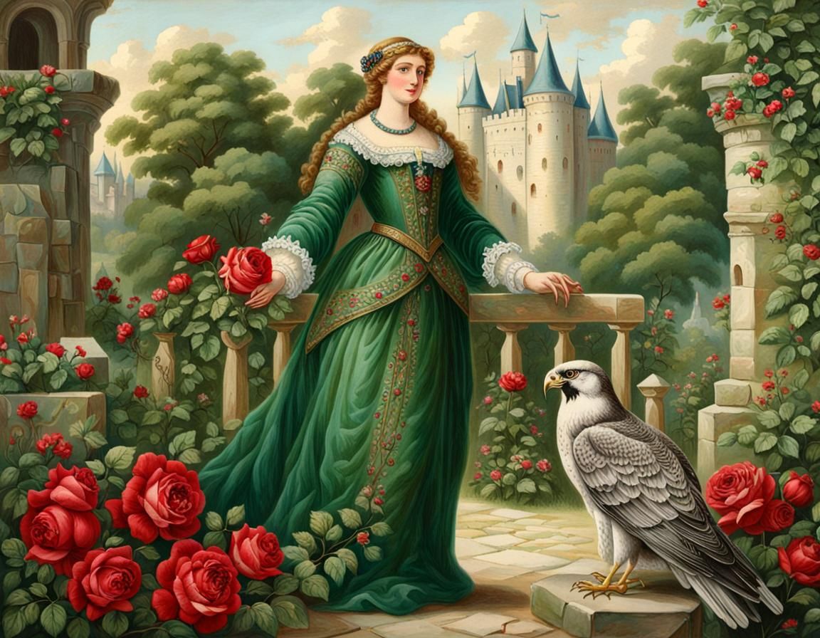 Kriemhild with Falcon in Medieval Castle Garden