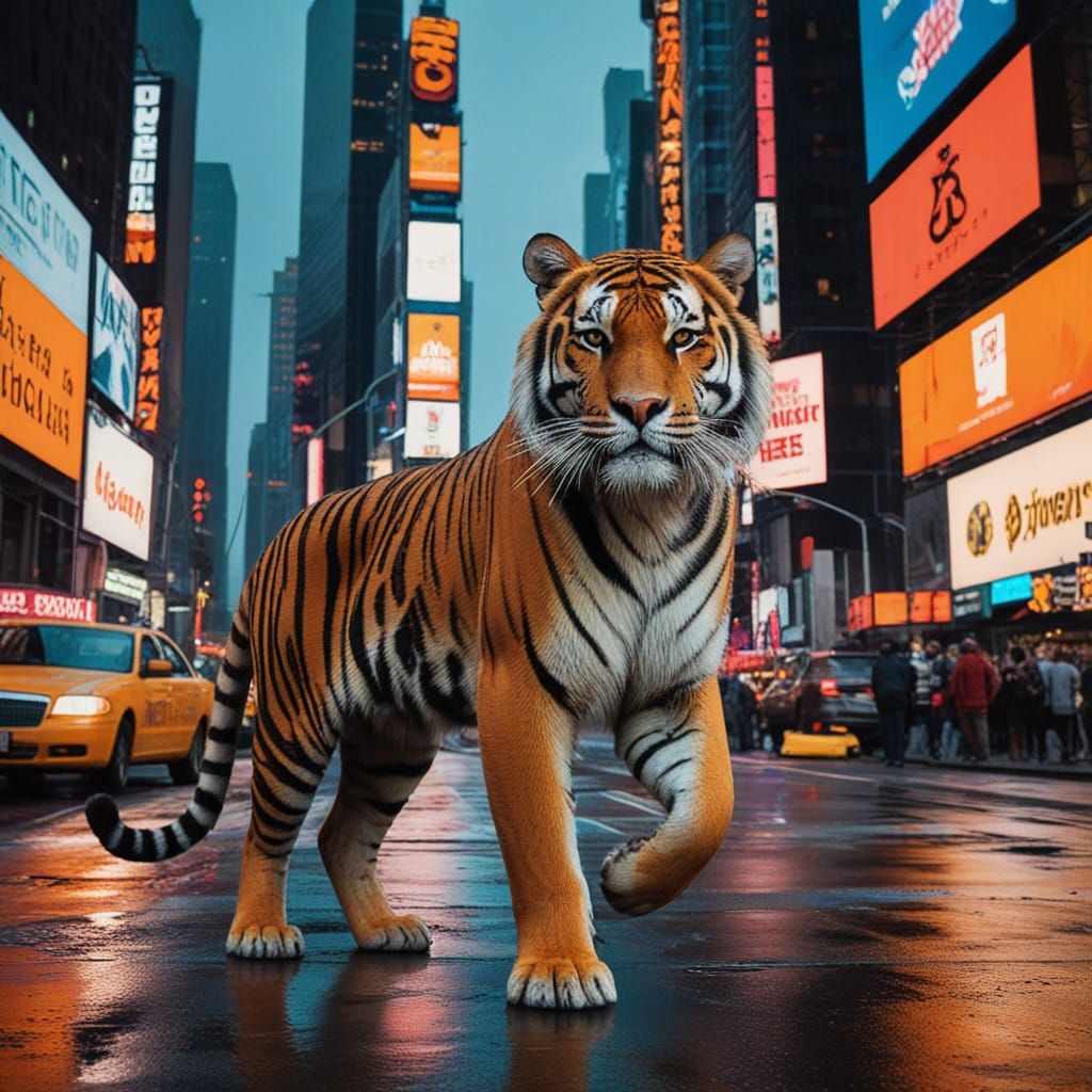Majestic Bengal Tiger Roams Times Square in Cyberpunk Style