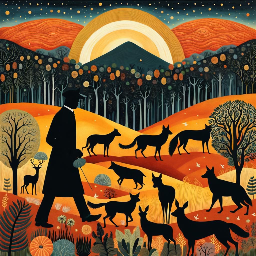 Mythological Creatures Create Forest at Sunset: Digital Art