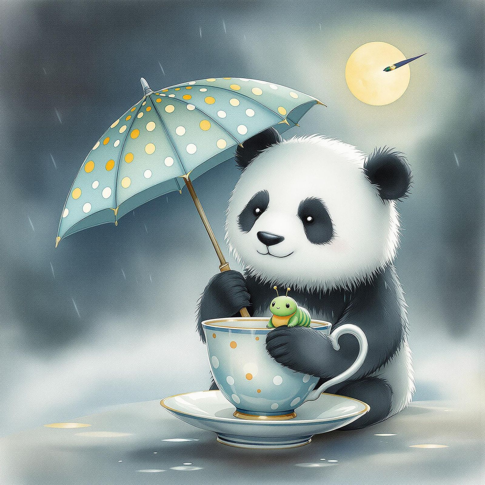 Whimsical Panda Friends in a Rainy Watercolor Scene