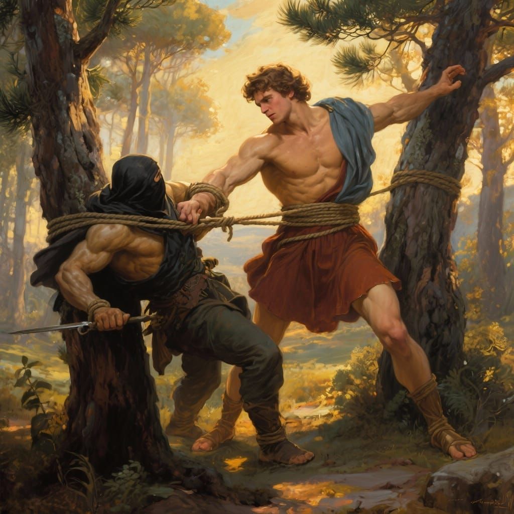 Heroic Theseus Captures Bandit in Sunlit Forest