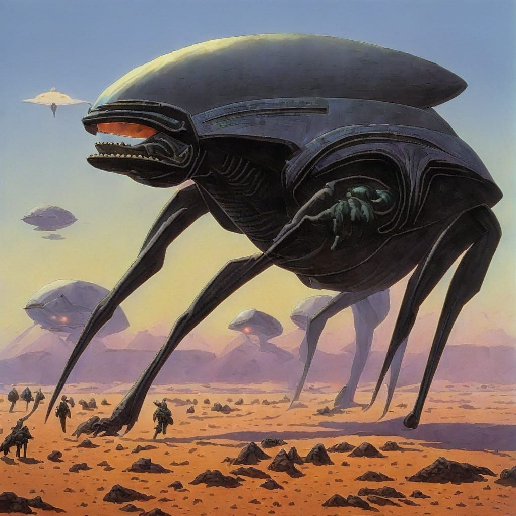 Grotesque Alien Creature in Retrofuturistic Setting