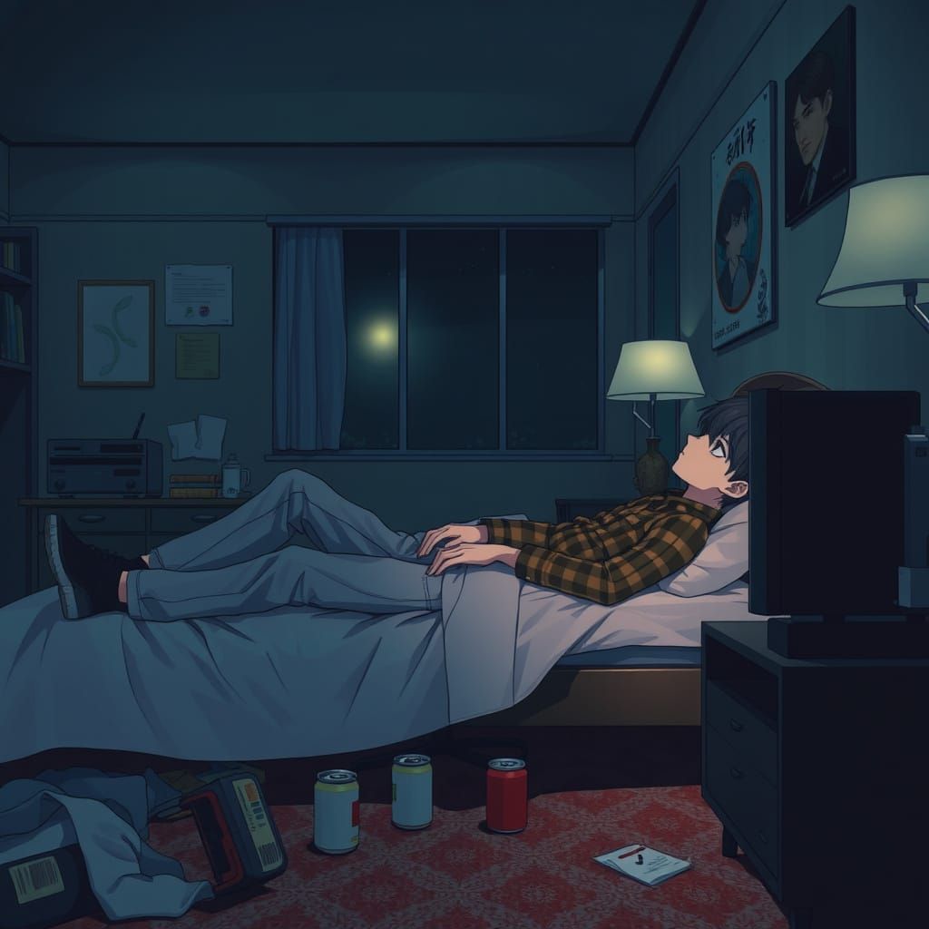 Anime Teenager on Motel Bed, Depressing Atmosphere