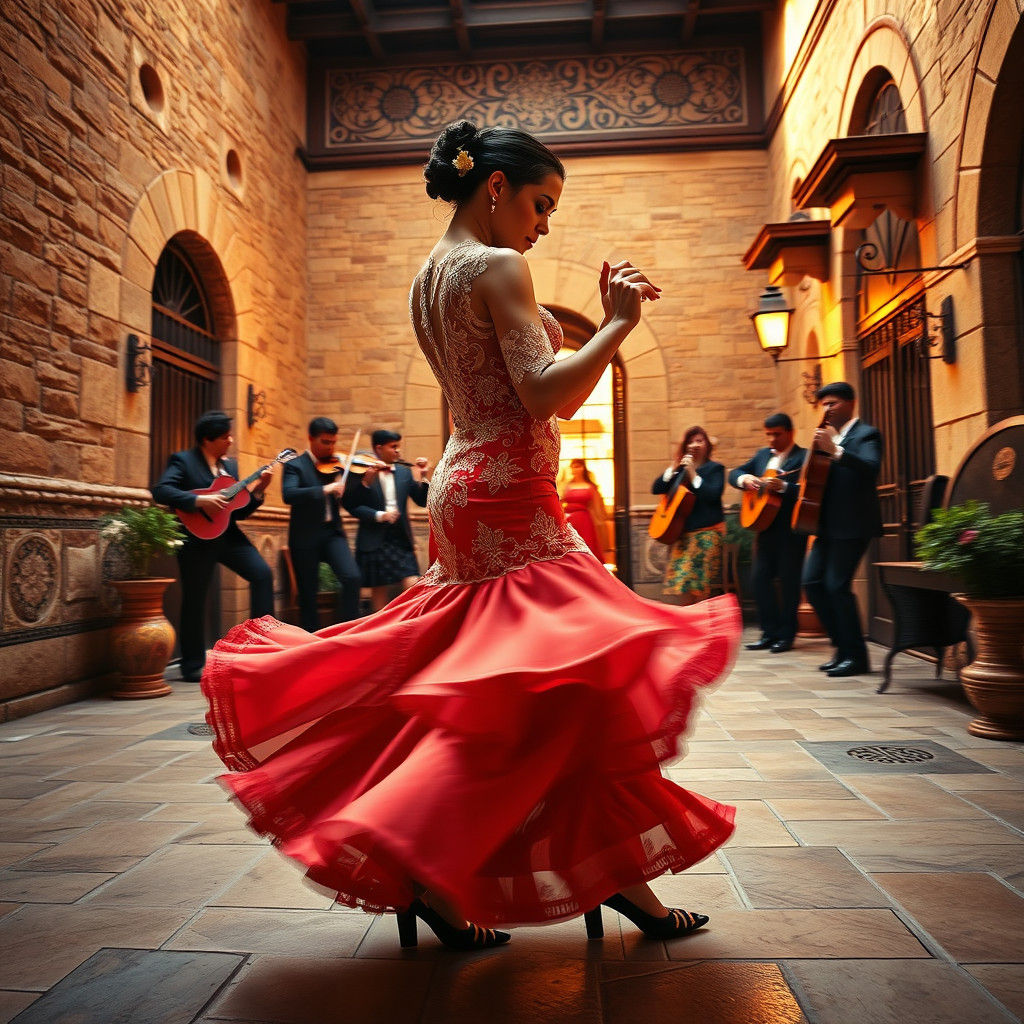 Passionate Tango in Spanish Courtyard, Retro Style