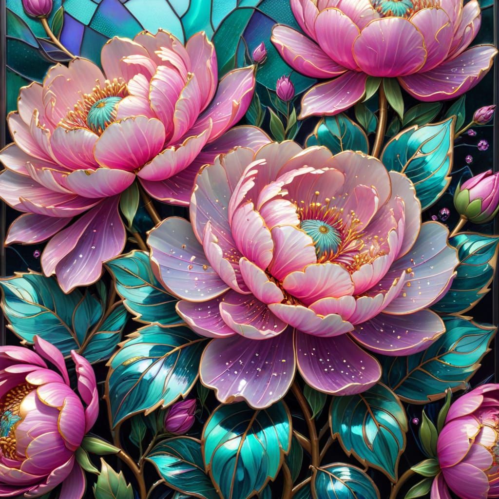 Folk Art Peonies in Tiffany Stained Glass Style