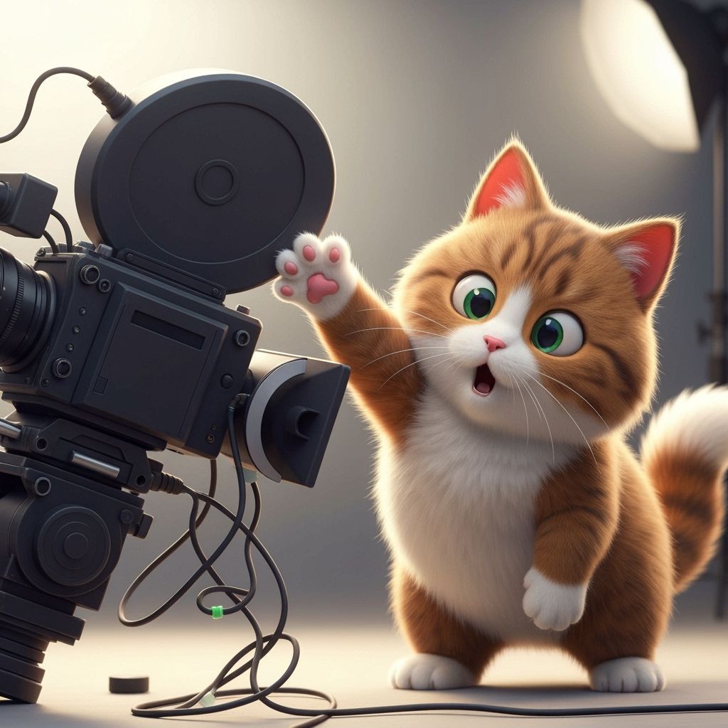Cute Cartoon Cat Fumbles with Film Camera in Studio