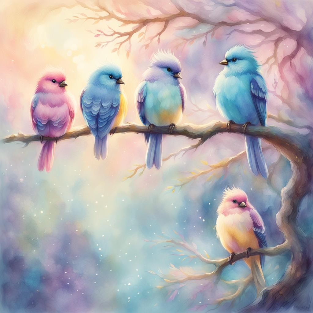 Whimsical Birds on Branch in Watercolor Style