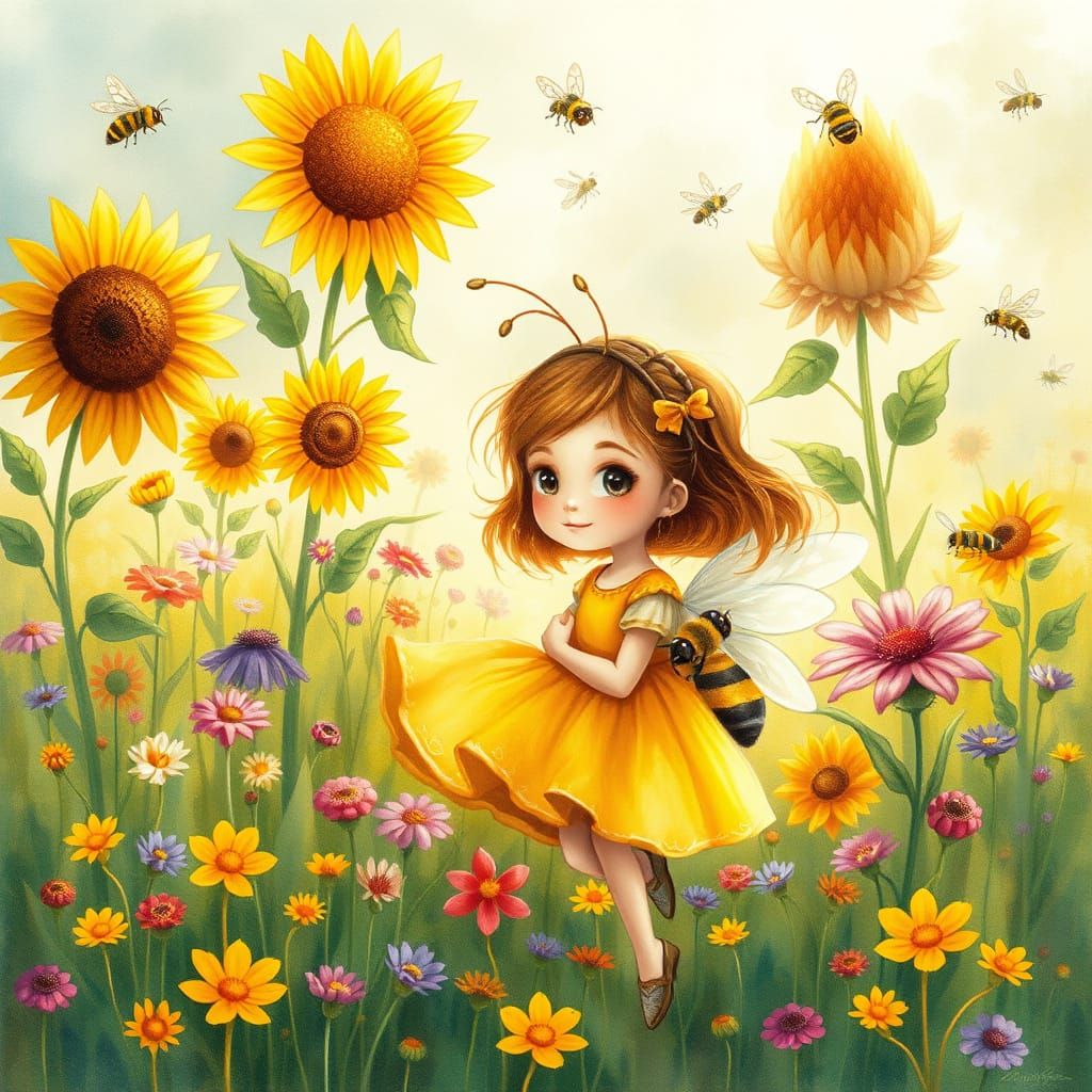 Enchanted Bee Girl in a Whimsical Meadow