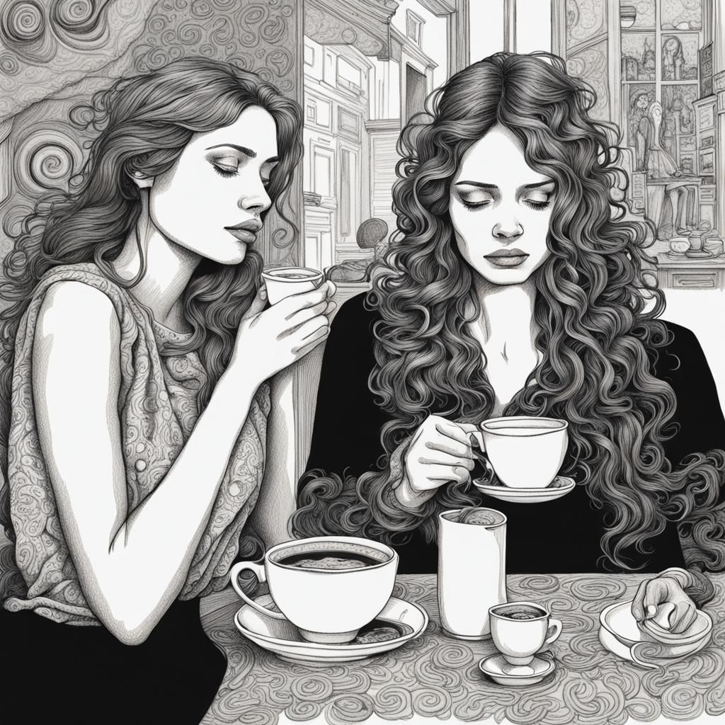 Monochromatic Ink Drawing of Two Tired Women