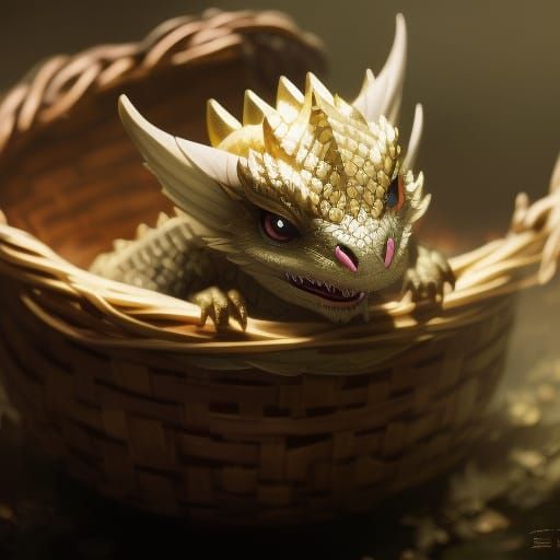 Adorable Chibi Dragon in a Basket: Hyperrealistic Anime