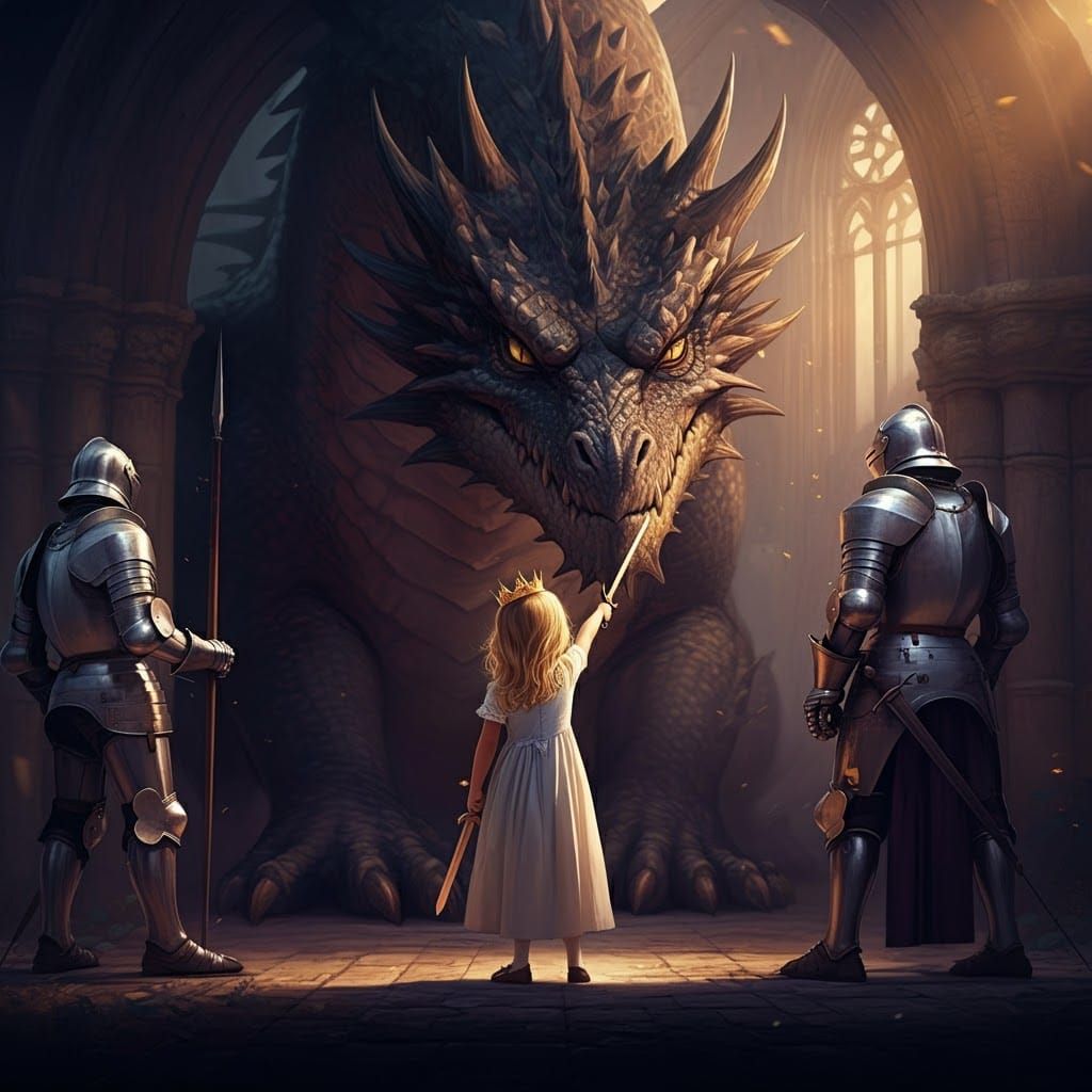 Valiant Girl vs Amused Dragon, Dark Fantasy Art