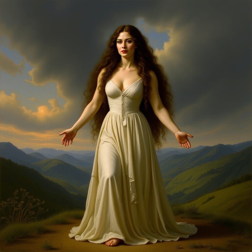 Confident Woman in Gown with Stormy Sky