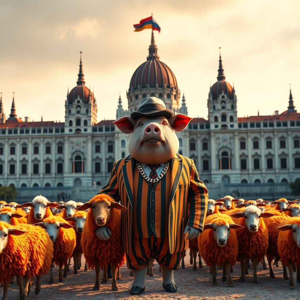 Vibrant Orange Sheep Flock Led by Striped Suit Gangster Pig ...