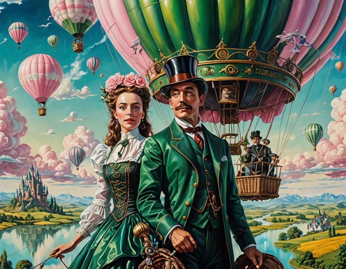 Steampunk Couple in Oz Landscape, Hyperrealistic Oil