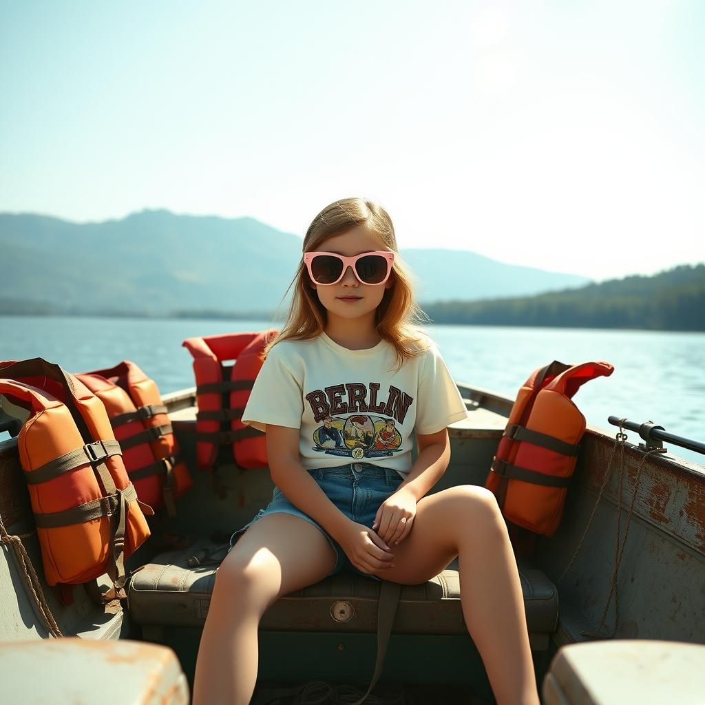 Vintage Motorboat Scene with Girl in 1980s Style