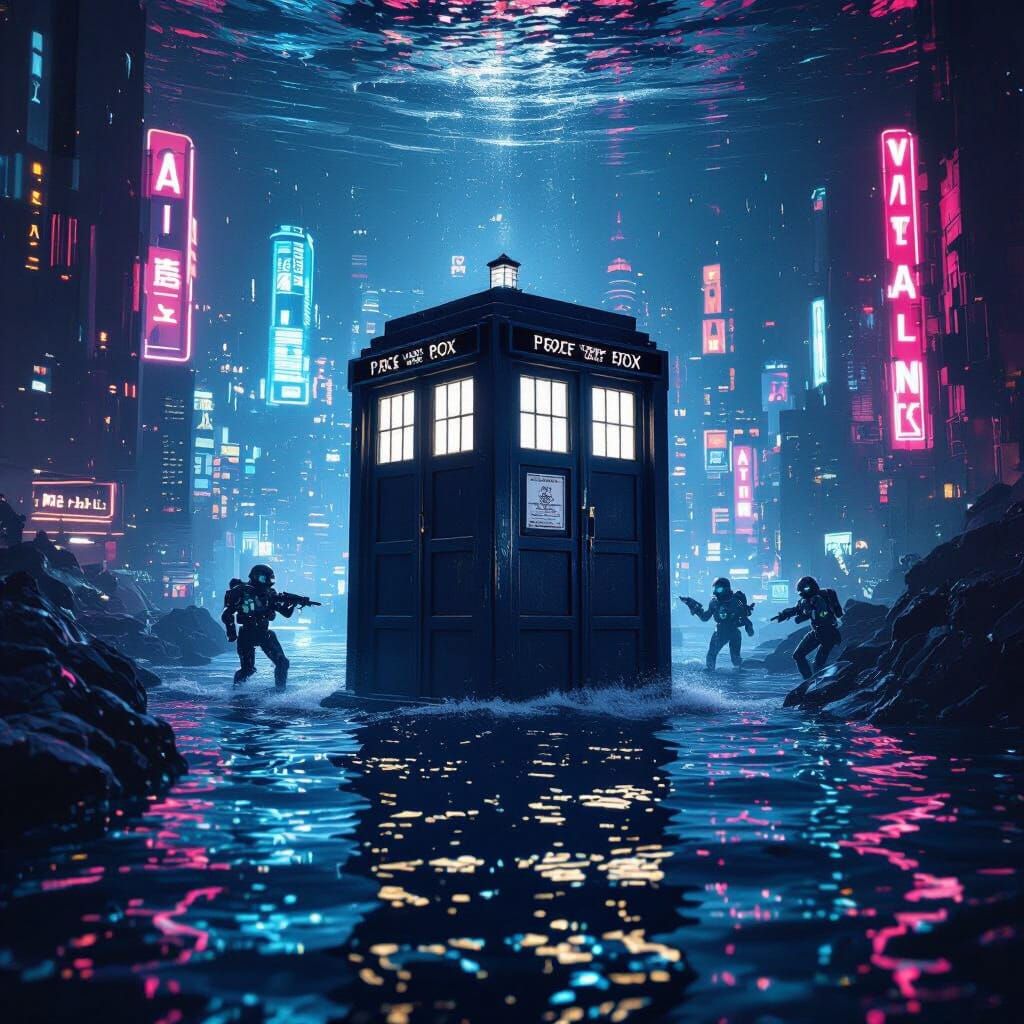 Doctor Who TARDIS Fights Cybermen Underwater in Neon City