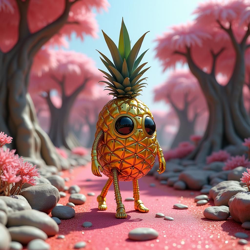 Hyperrealistic Pineapple Entity in Futuristic Landscape