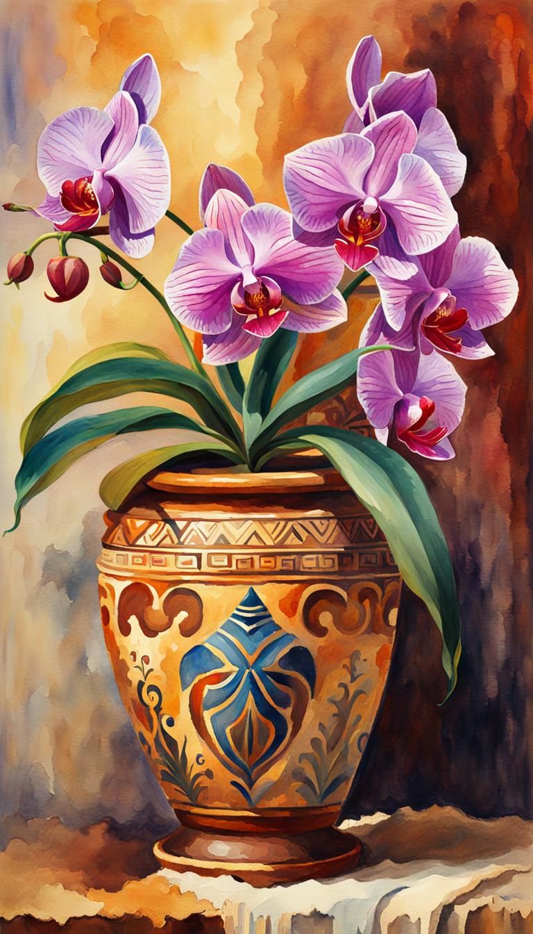 Watercolor Orchid in Egyptian Pot, Gouache Style