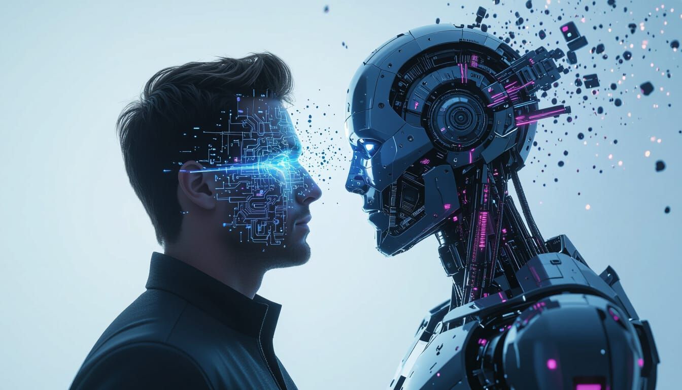 Male Character's Face Dissolves Into Futuristic Robot Parts