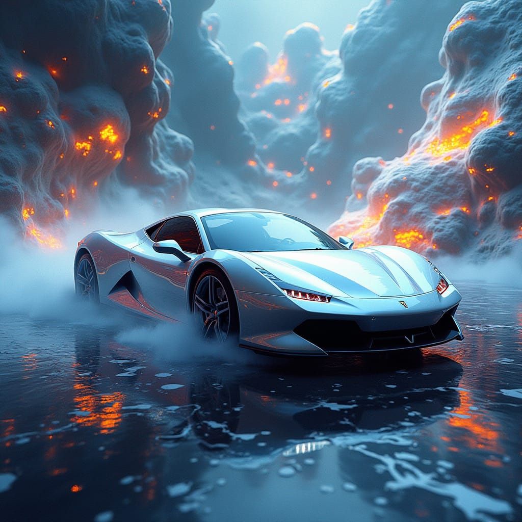 Surreal Futuristic Car in Fractal Parallax Landscape with Me...