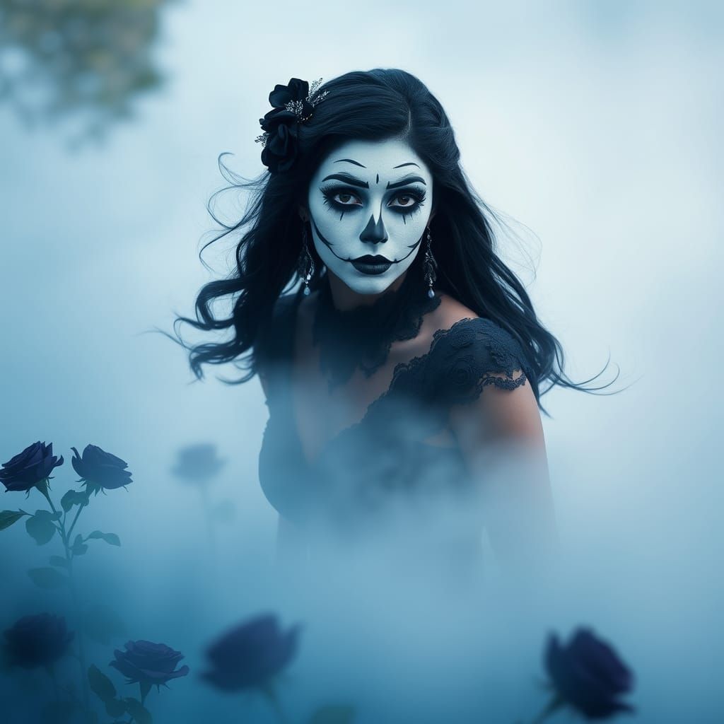 Ethereal Mime Goddess in a Field of Black Roses