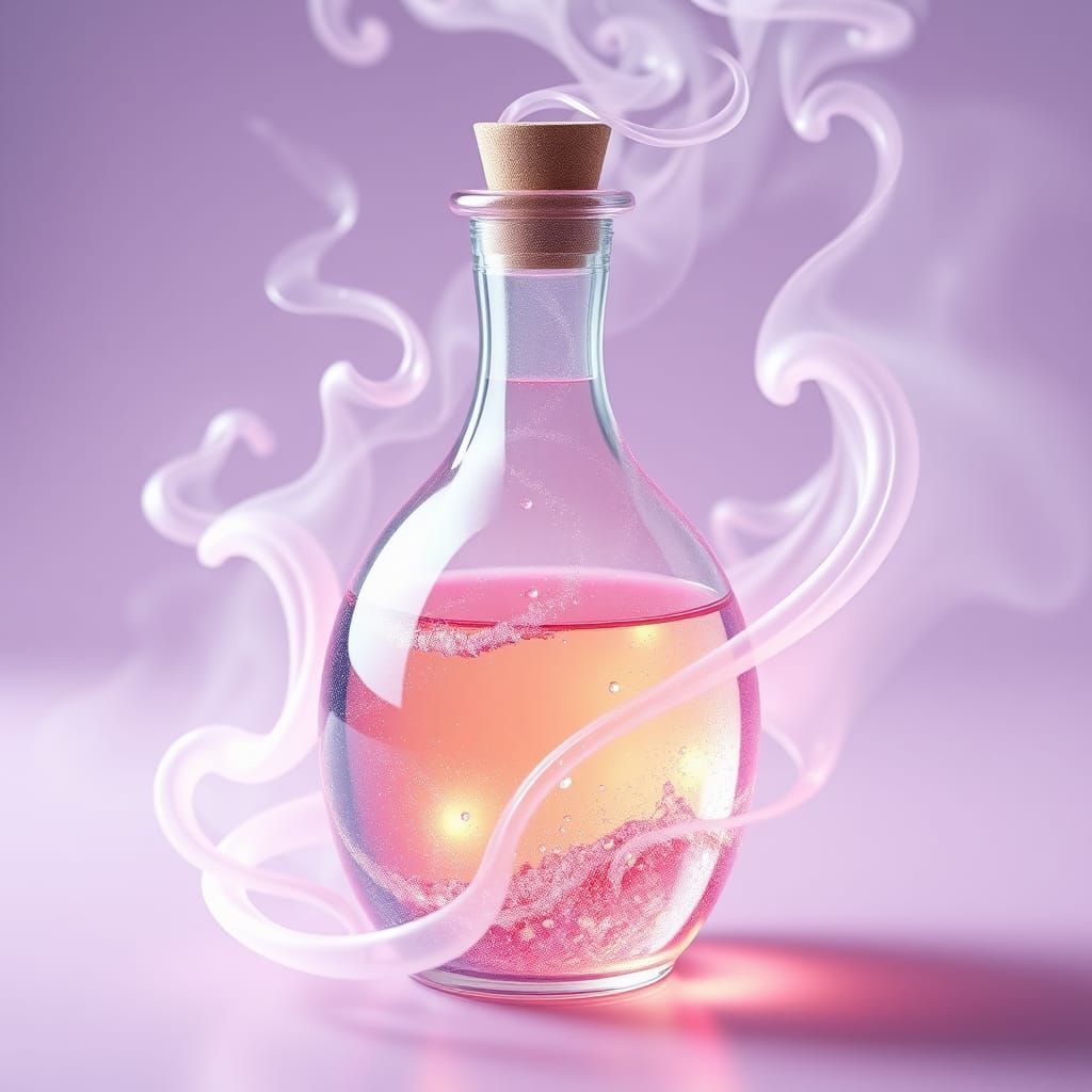 A 3d rendering of a potion bottle with pastel colors and a w...