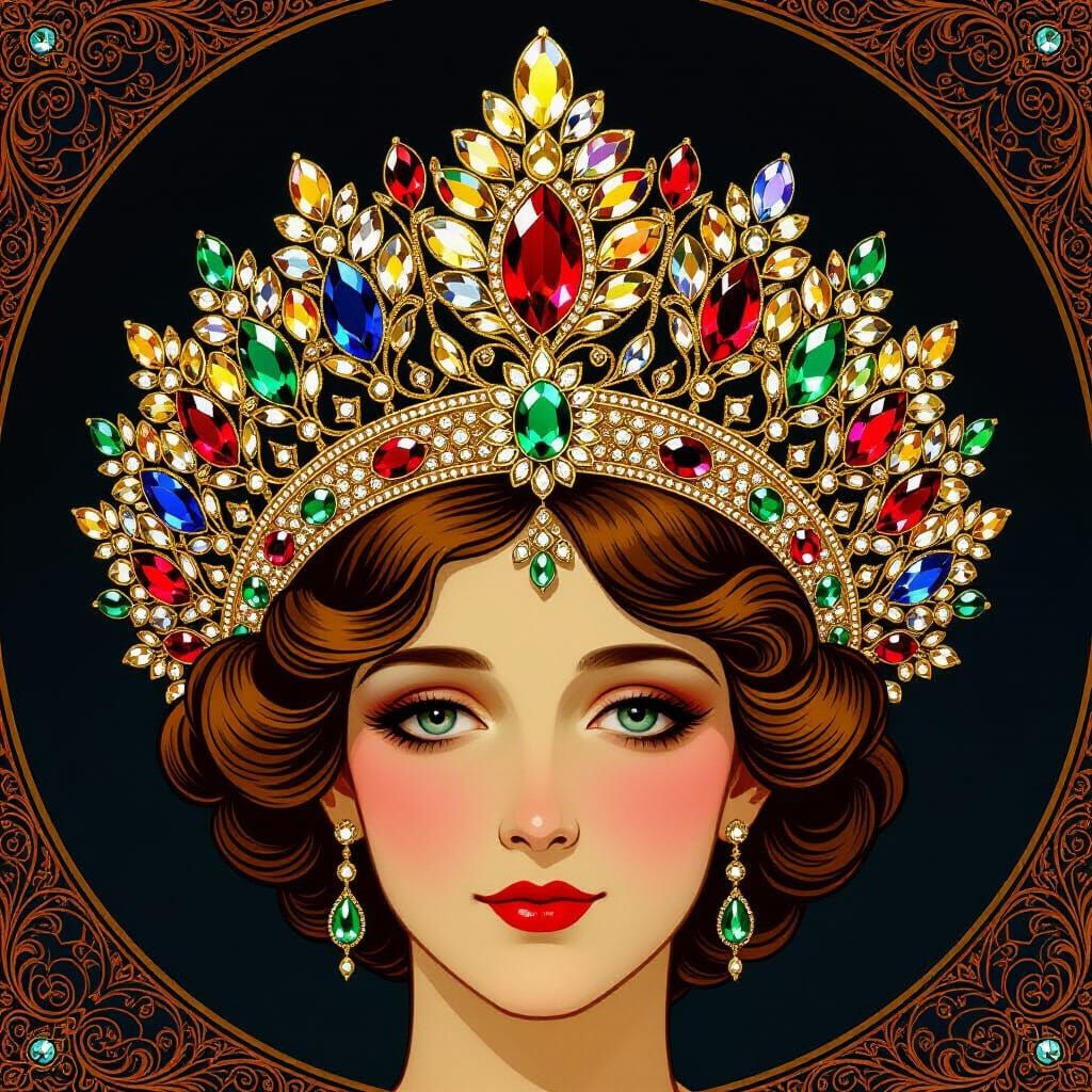 Ornate Golden Tiara with Dazzling Gems in Art Nouveau Style