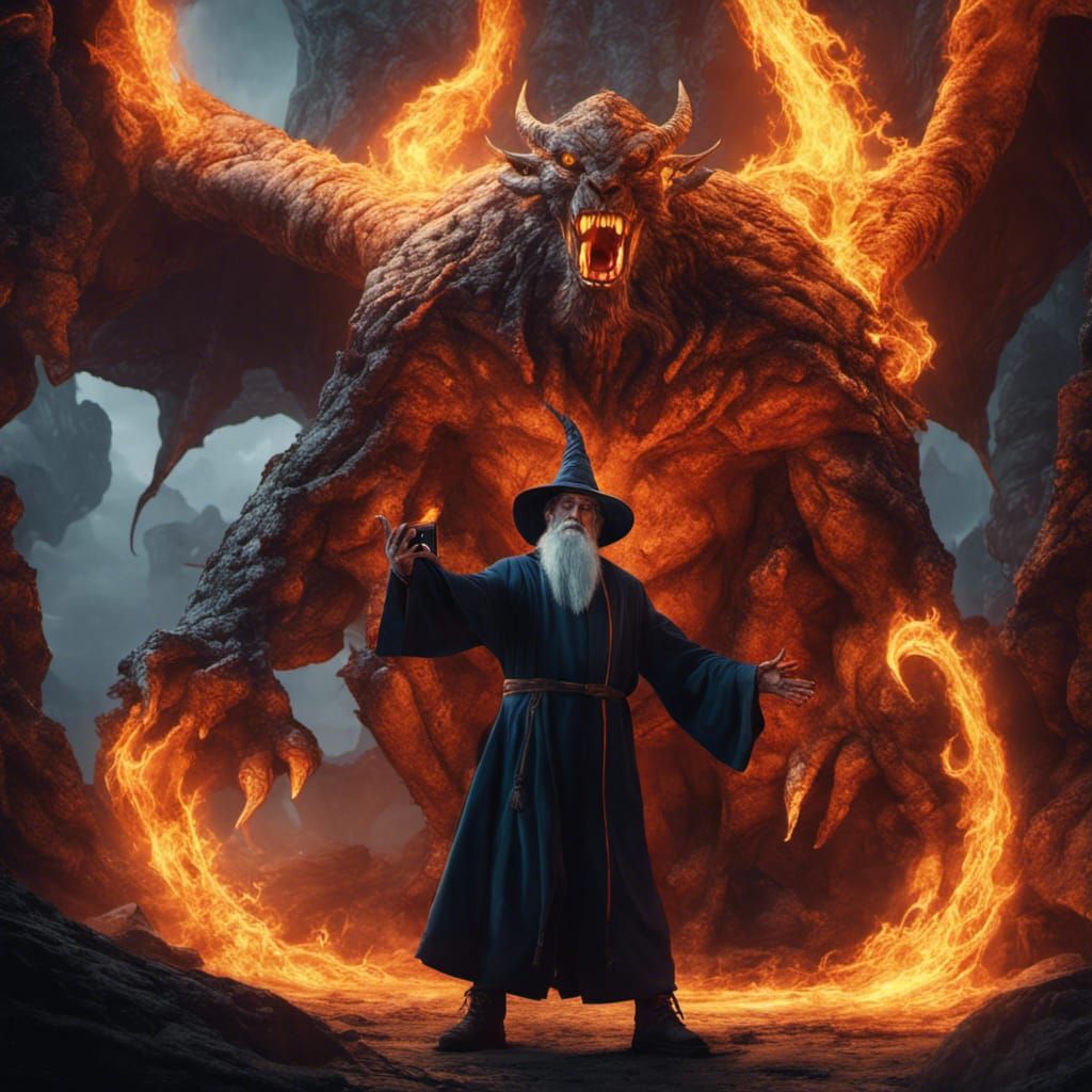 Wizard taking a selfie with a balrog
