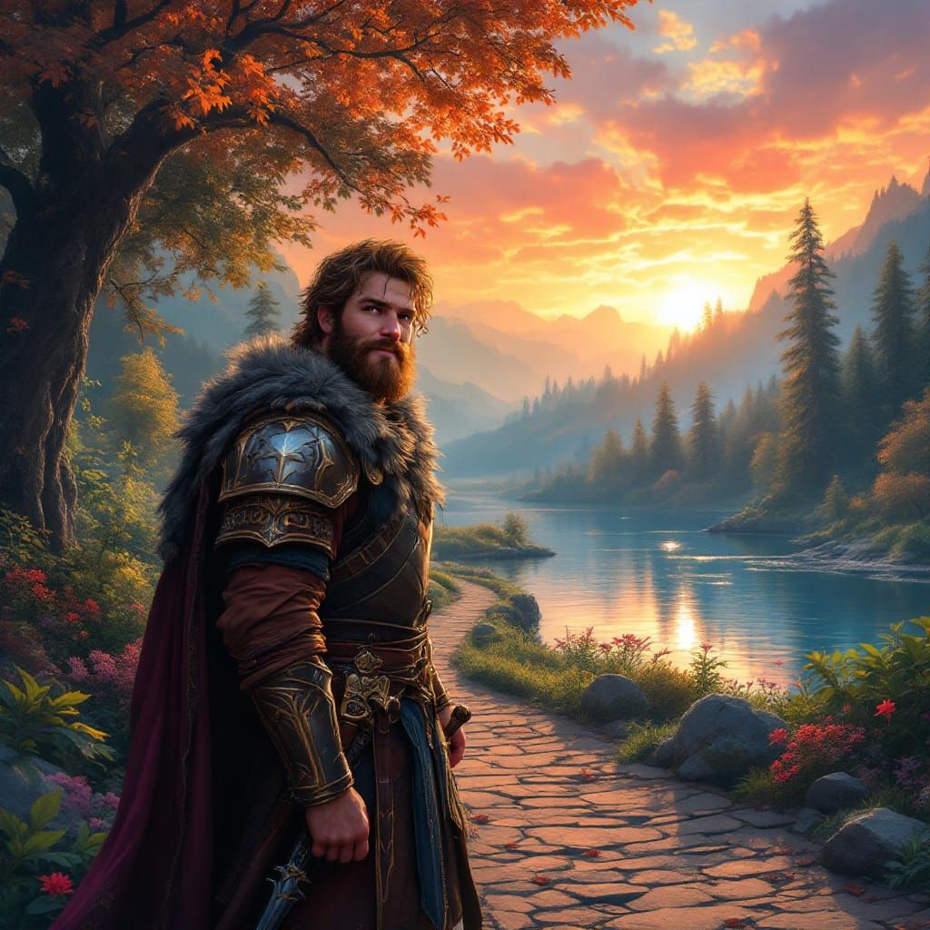Majestic Paladin in Ethereal Sunset Paradise