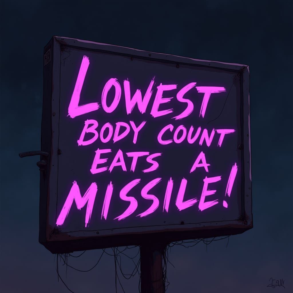 Cyberpunk Sign Reads Lowest Body Count Eats a Missile