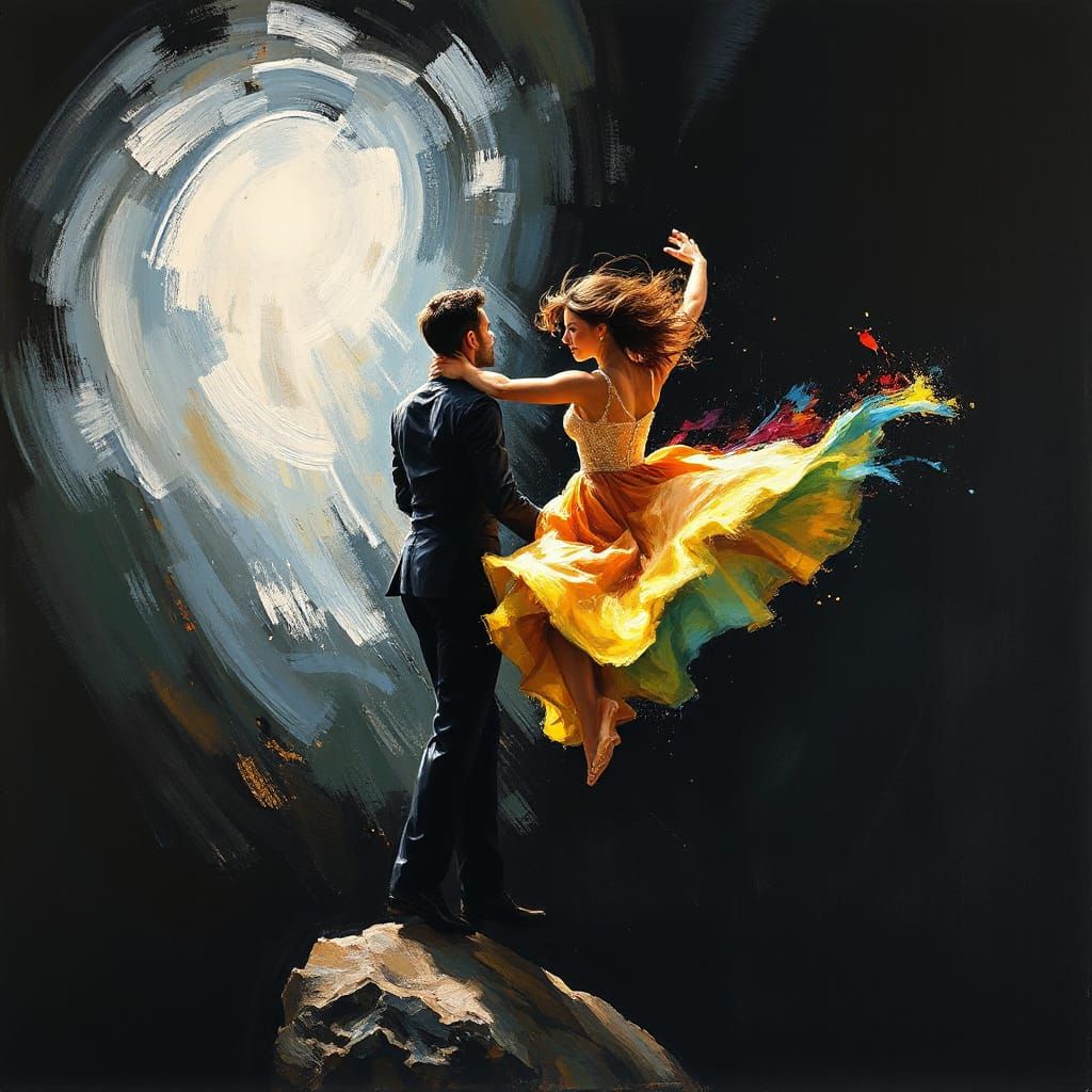 Dynamic Dance Duo in Radiant Night Sky