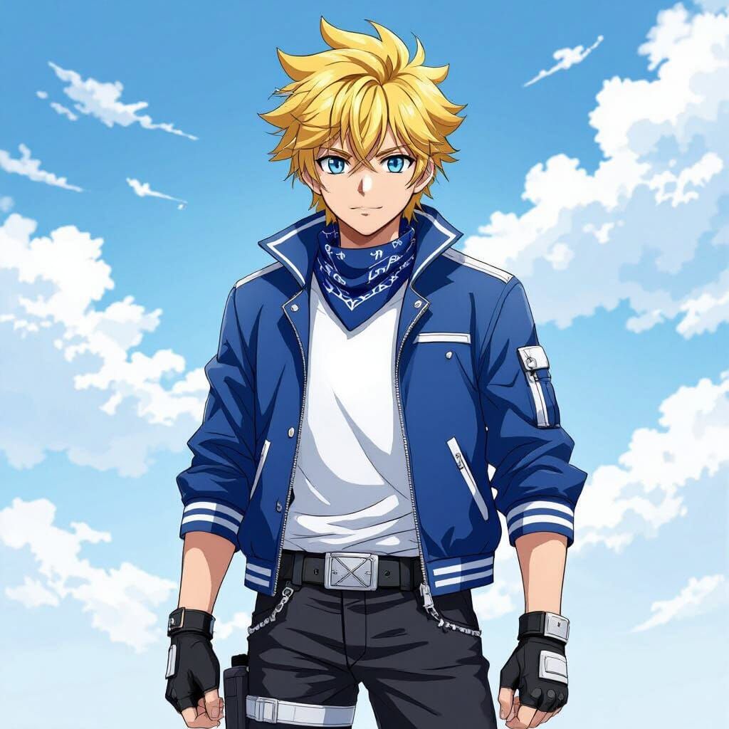Anime-Style Character with Yellow Hair and Blue Jacket