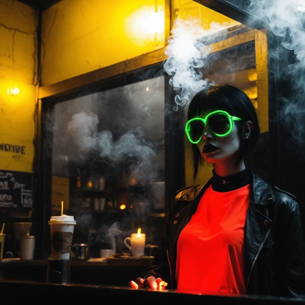 Goth Model in Neon-Lit Coffee Shop