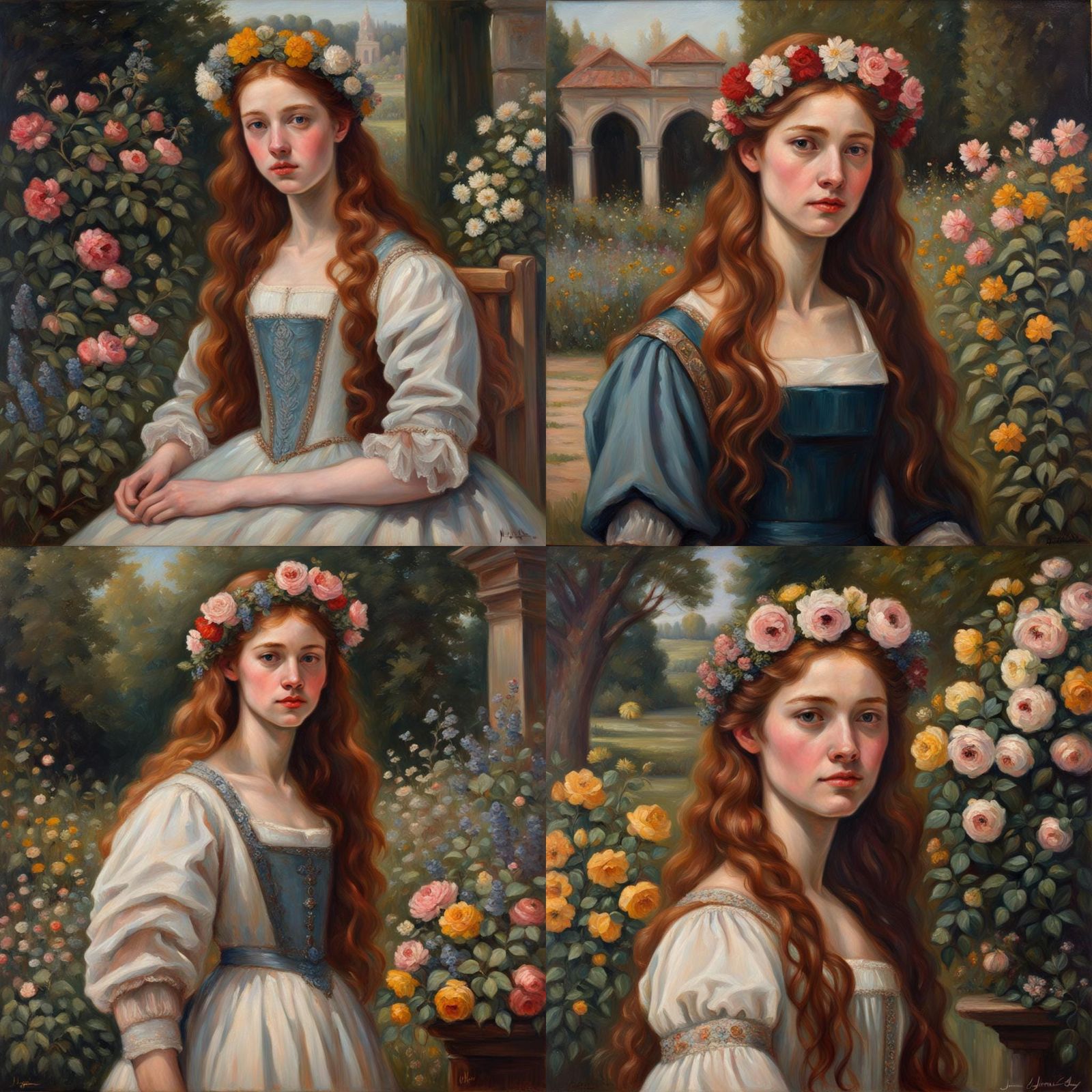 Renaissance Girl Picking Flowers in Garden