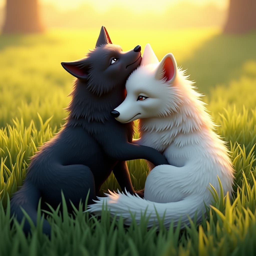 Wolves Embrace in Lush Green Field: Fantasy Art