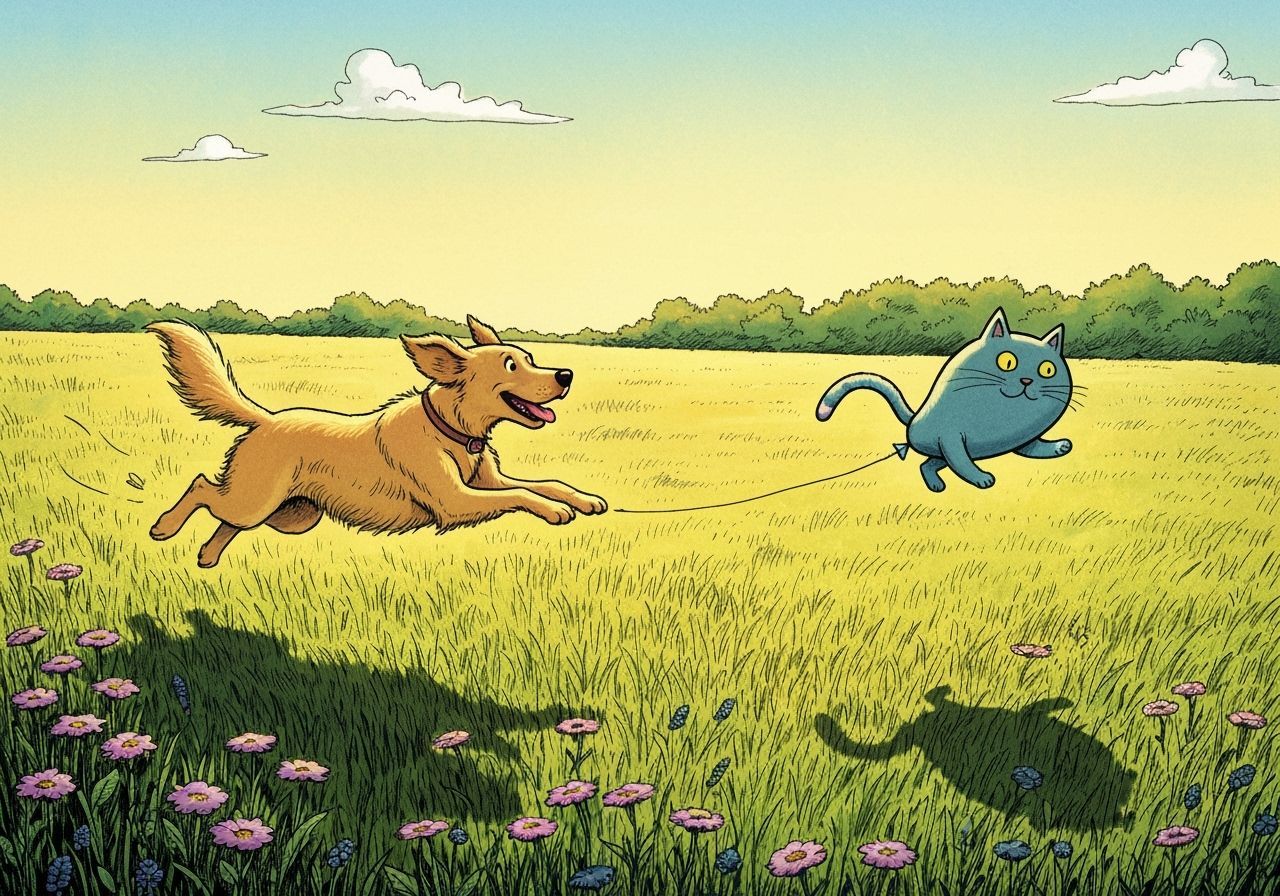 A dog enthusiastically chasing a cat shaped balloon into the...