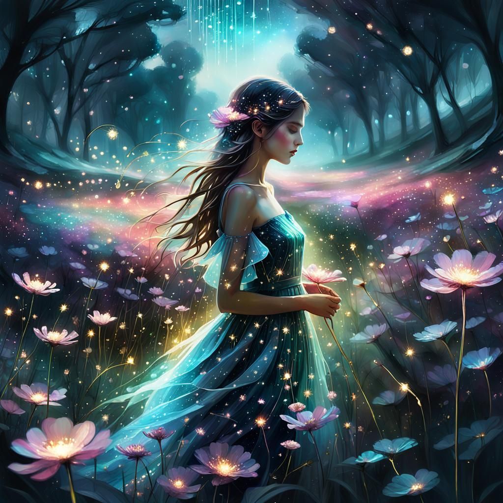 Enchanted Glittercore Flower Field in Ethereal Landscape